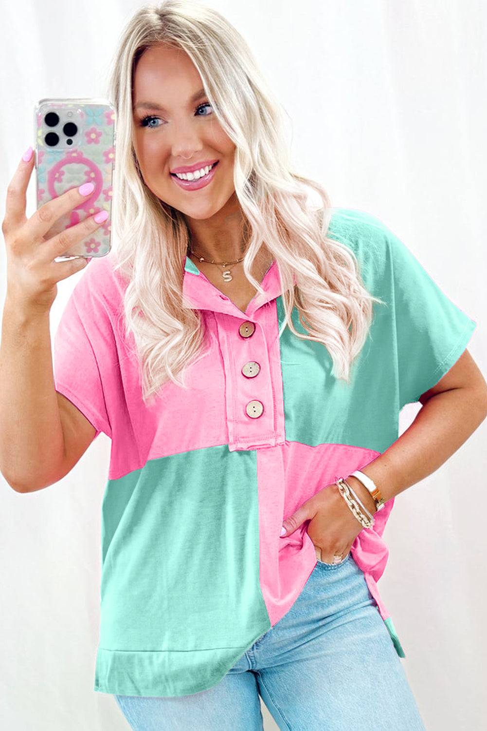 Pink/Turquoise 1/2 Button