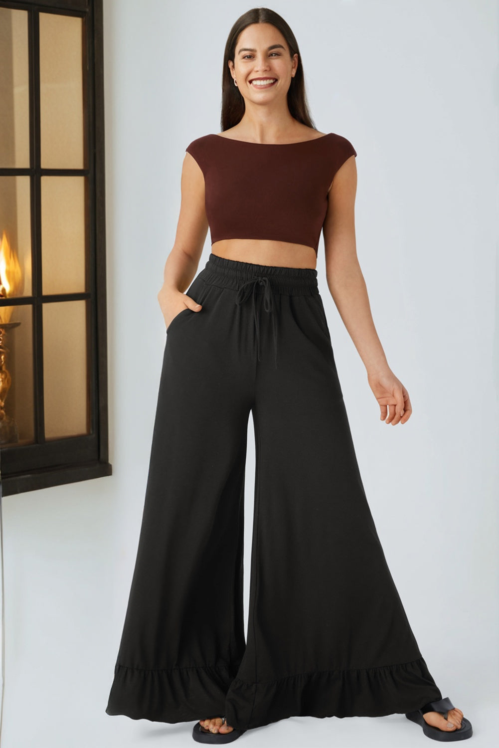 Black Ruffled Wide Leg w/Pockets