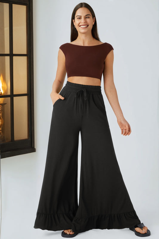 Black Ruffled Wide Leg w/Pockets